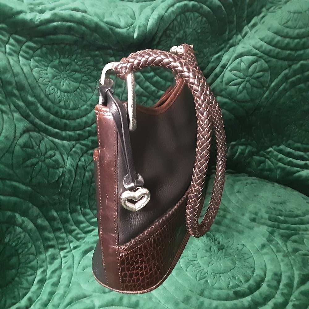 EUC Brighton Gina Purse Black Brown Pebbled Leather Braid Strap Silver Hardware